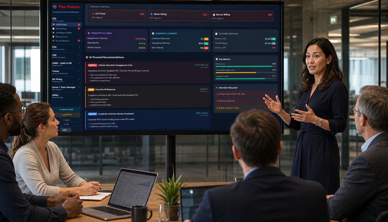 Connective Leadership enterprise dashboard presented in a boardroom